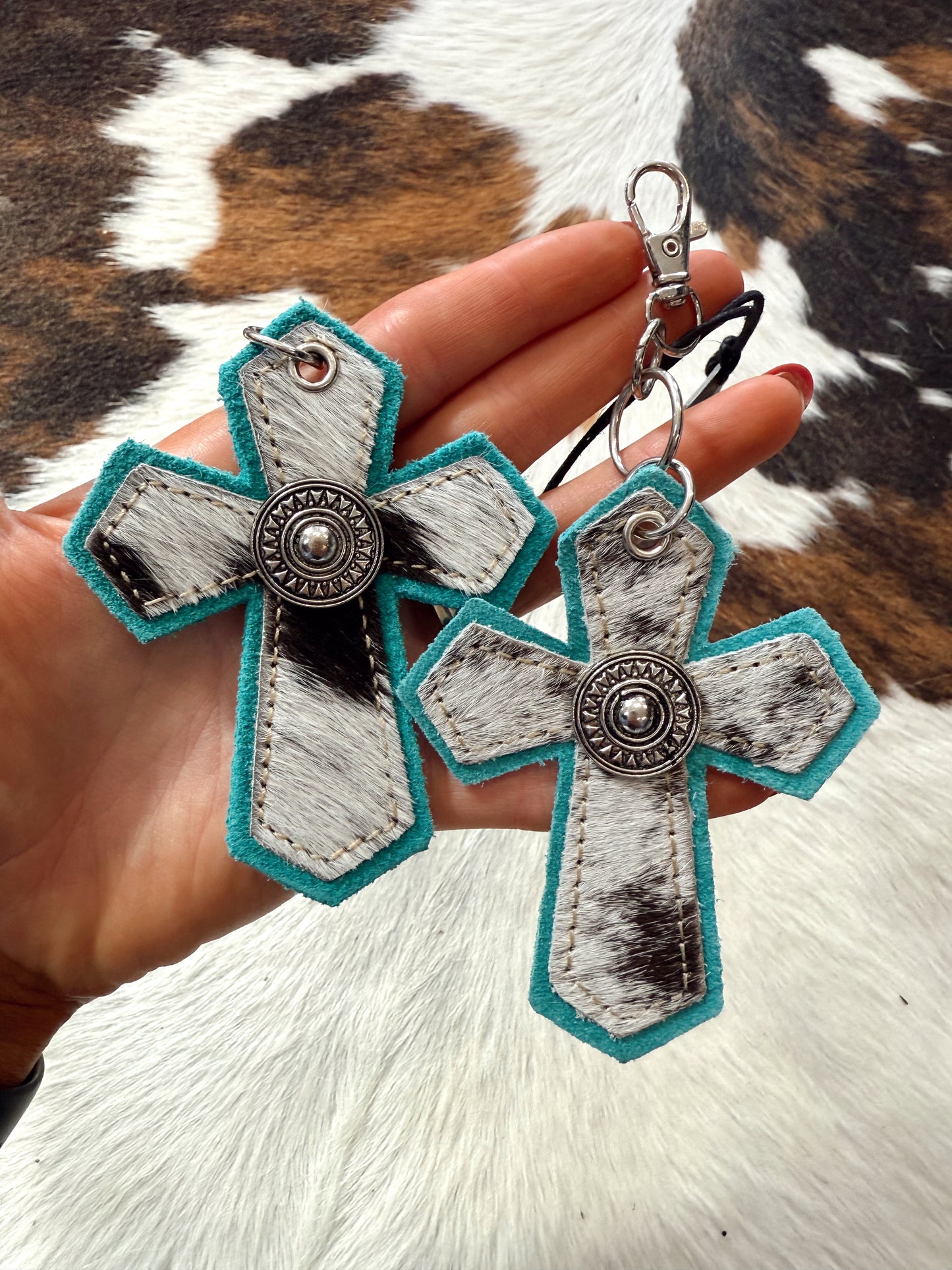Turquoise Cowhide Cross Keychain / Bag Charm