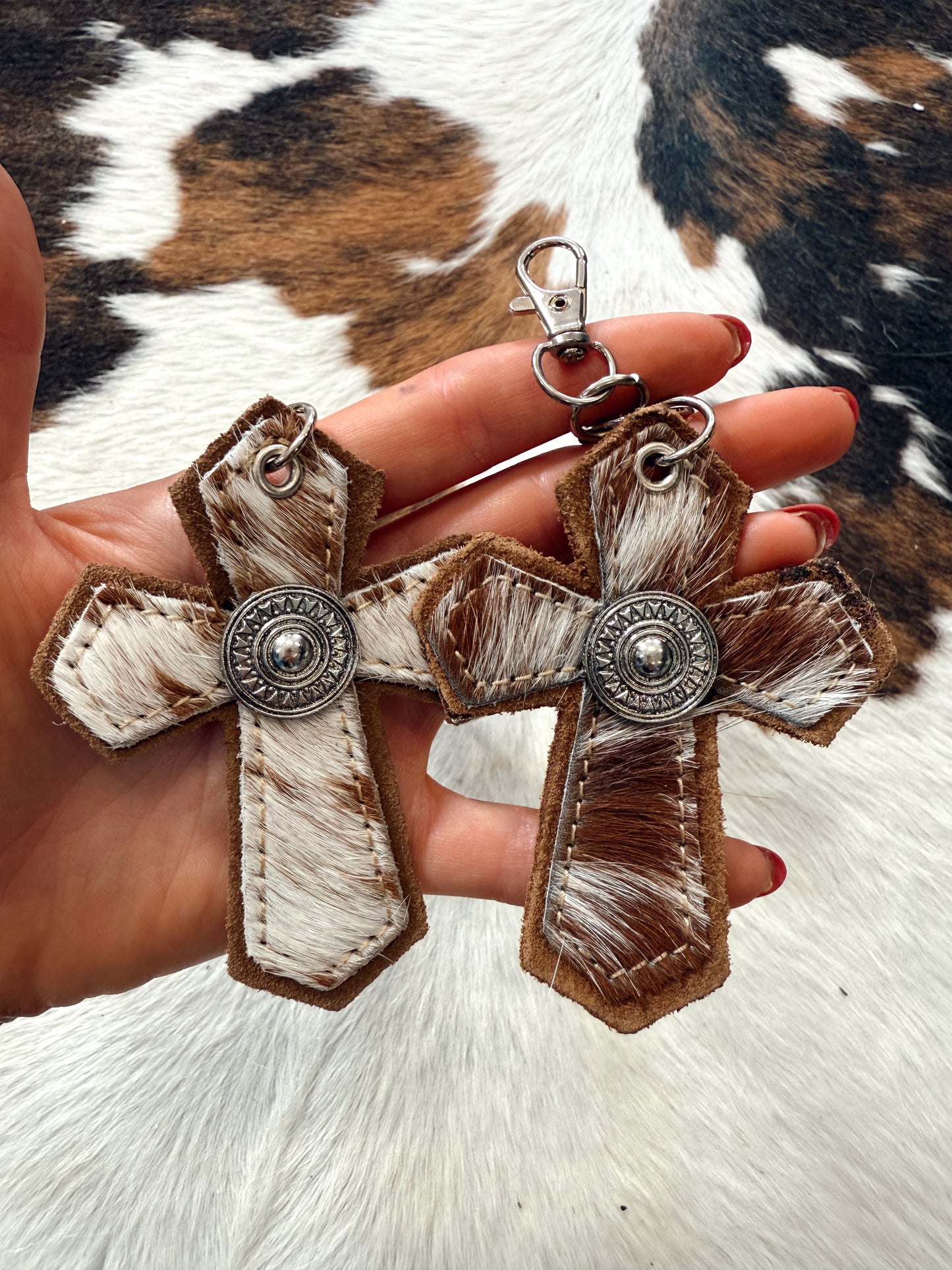 Brown Cowhide Cross Keychain / Bag Charm