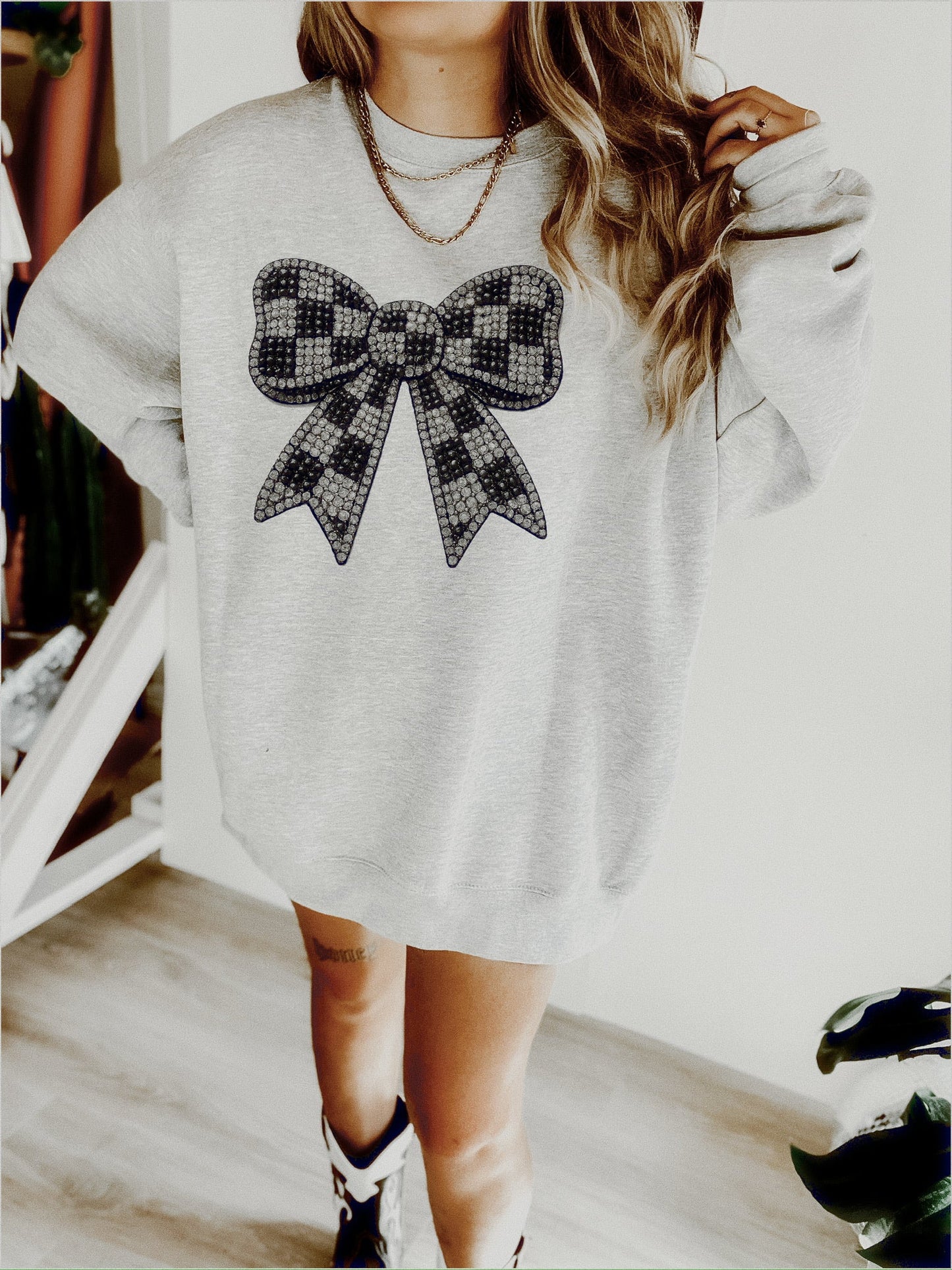 “BEDAZZLED” CHECKERED BOW