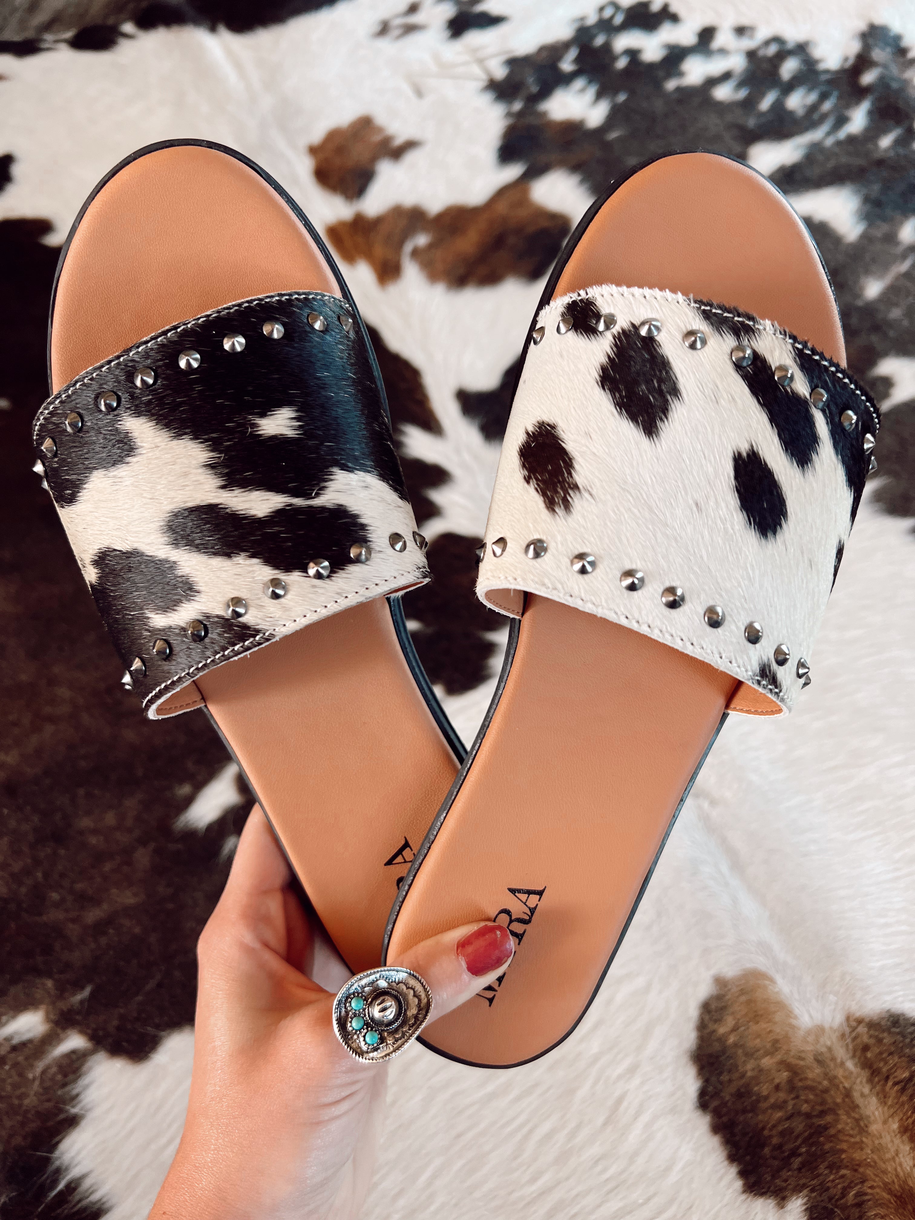 Cowhide slip on online sandals