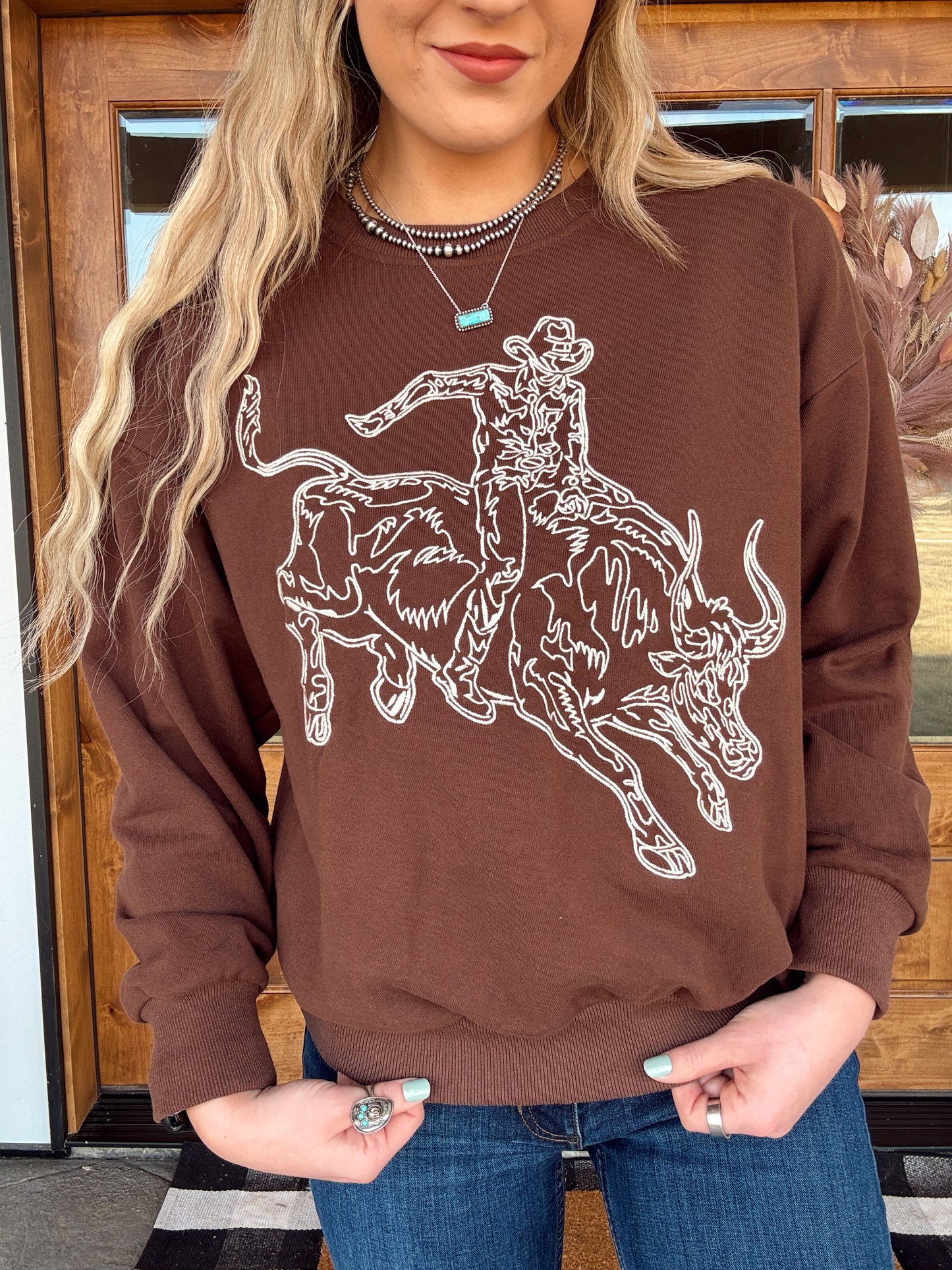 Embroidered Bull Rider Crewneck