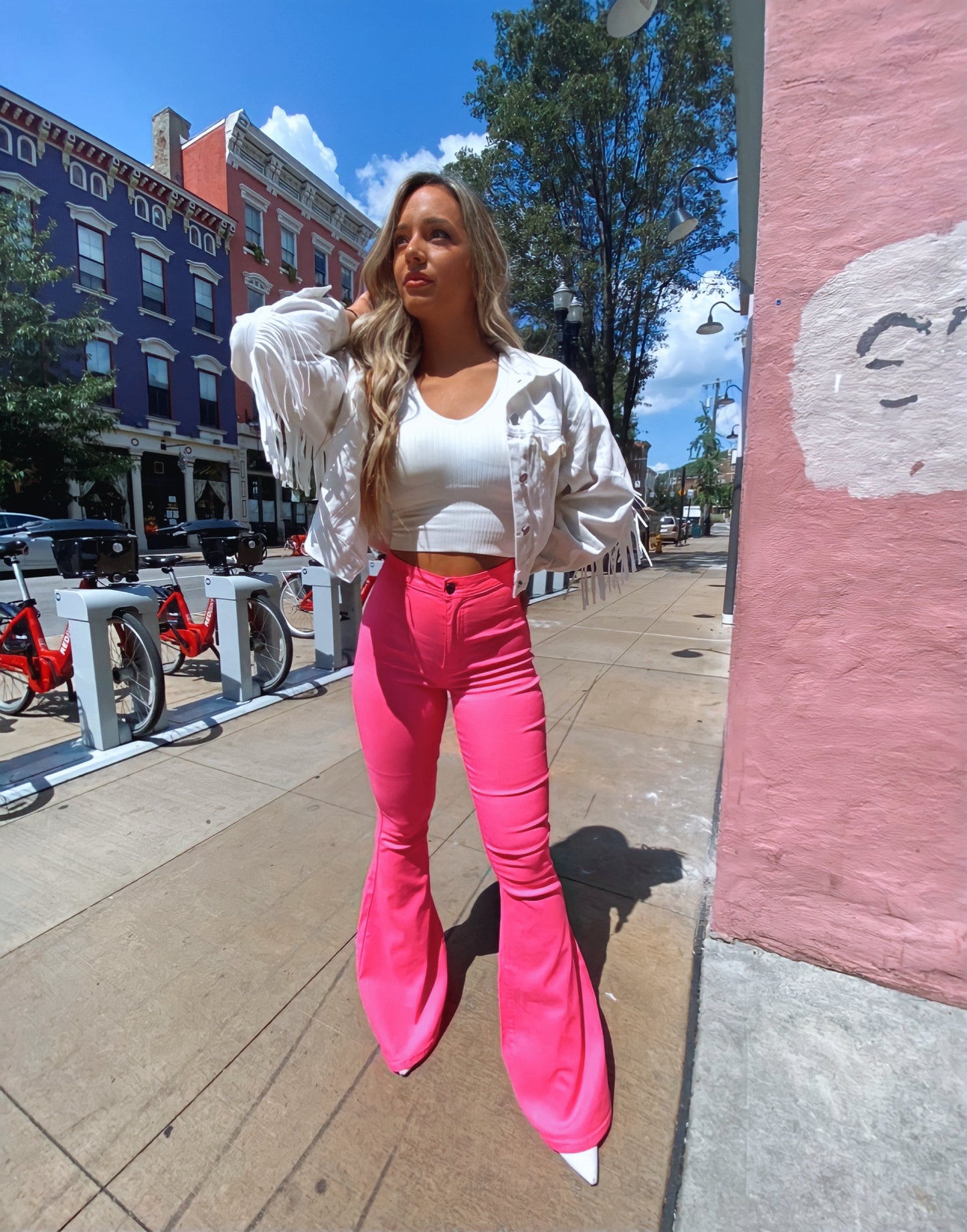 Fiona High Waisted Bell Bottom Flare Jeans - Pink