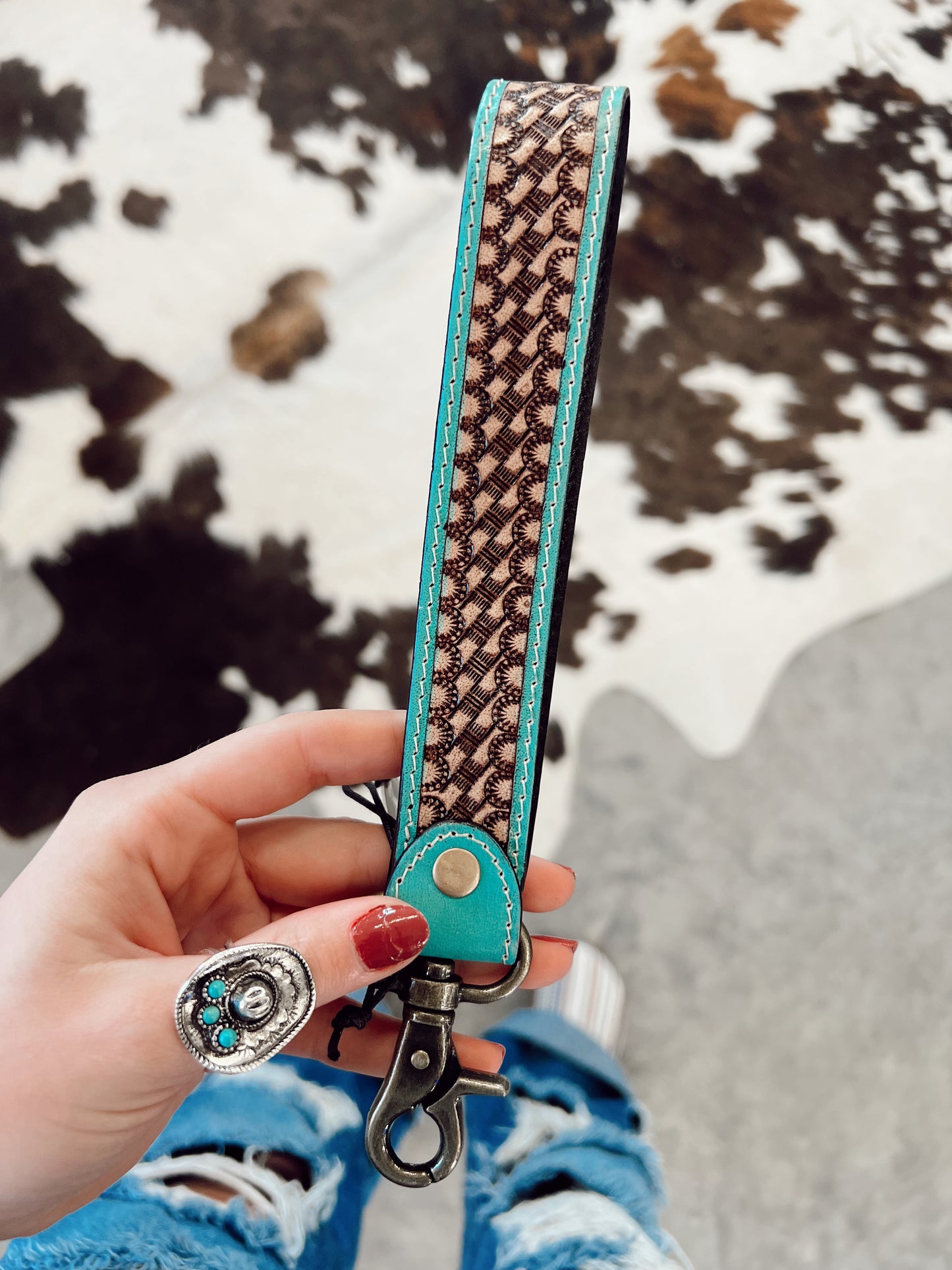 Teal Accent Tooled Keychain