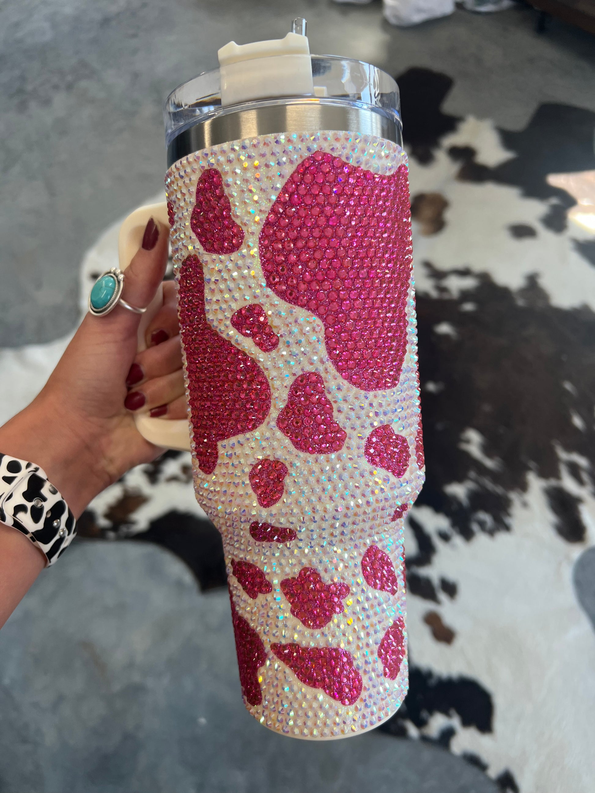 Cow Print Faux Pink Glitter Tumbler, Personalized!