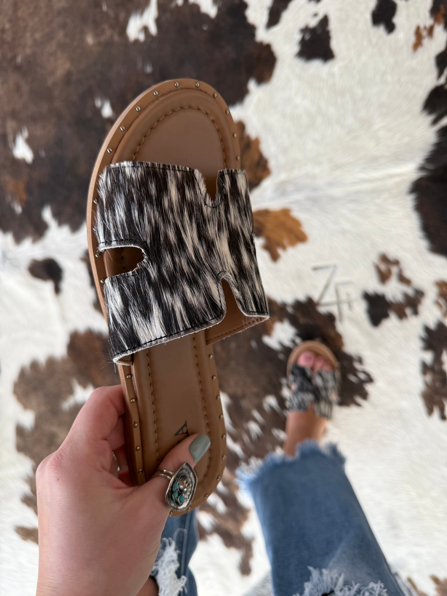 Daleena Anne Black Cowhide Sandals (SIZE UP)