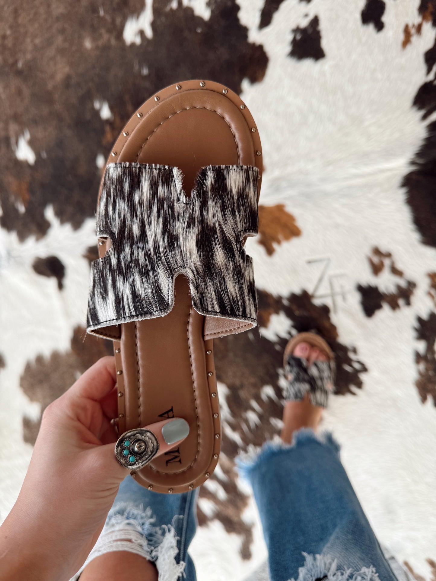 Daleena Anne Black Cowhide Sandals (SIZE UP)