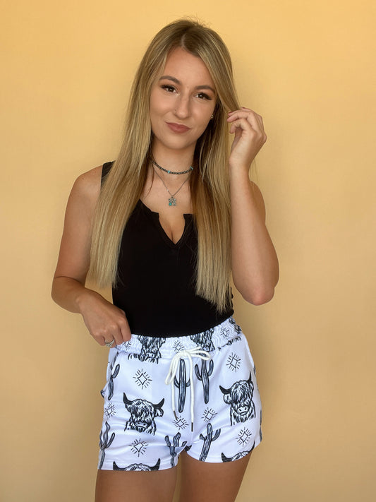 Highland Cow & Cactus Western Shorts (PREORDER - Ships in 2-3 weeks)