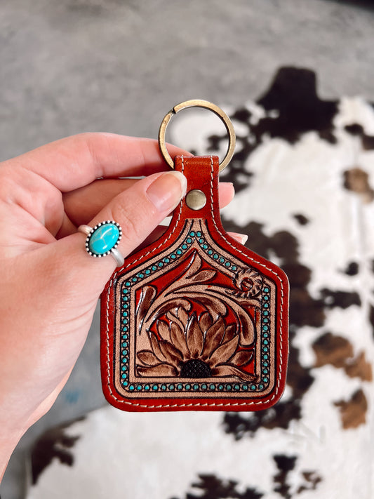 Gilded Sunflower Hand Tooled Keychain