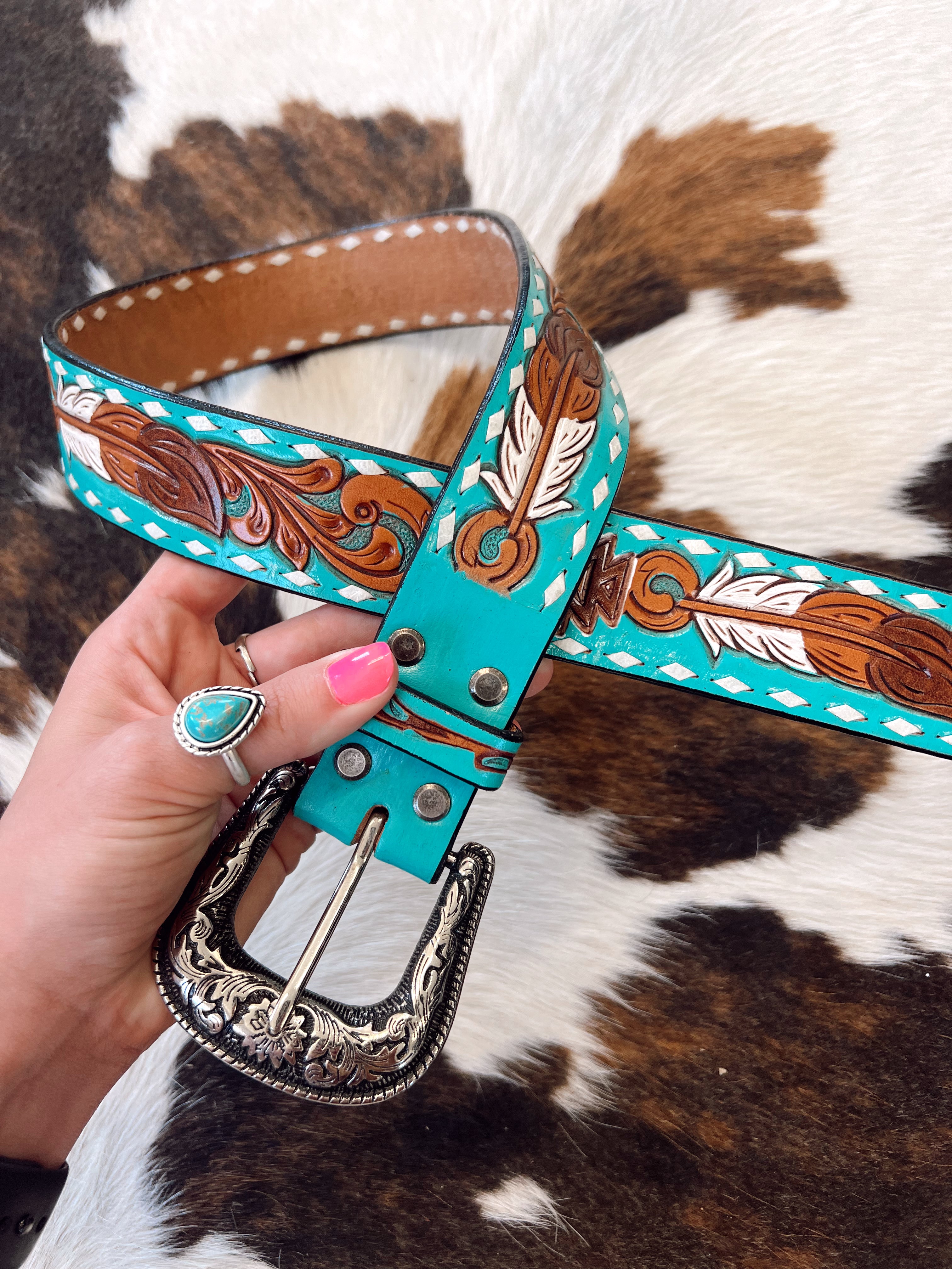 STATEMENT PIECE TOOLED PAINTED LEATHER BELT popular W/ TURQUOISE MOSAIC GLASS BUCKLE