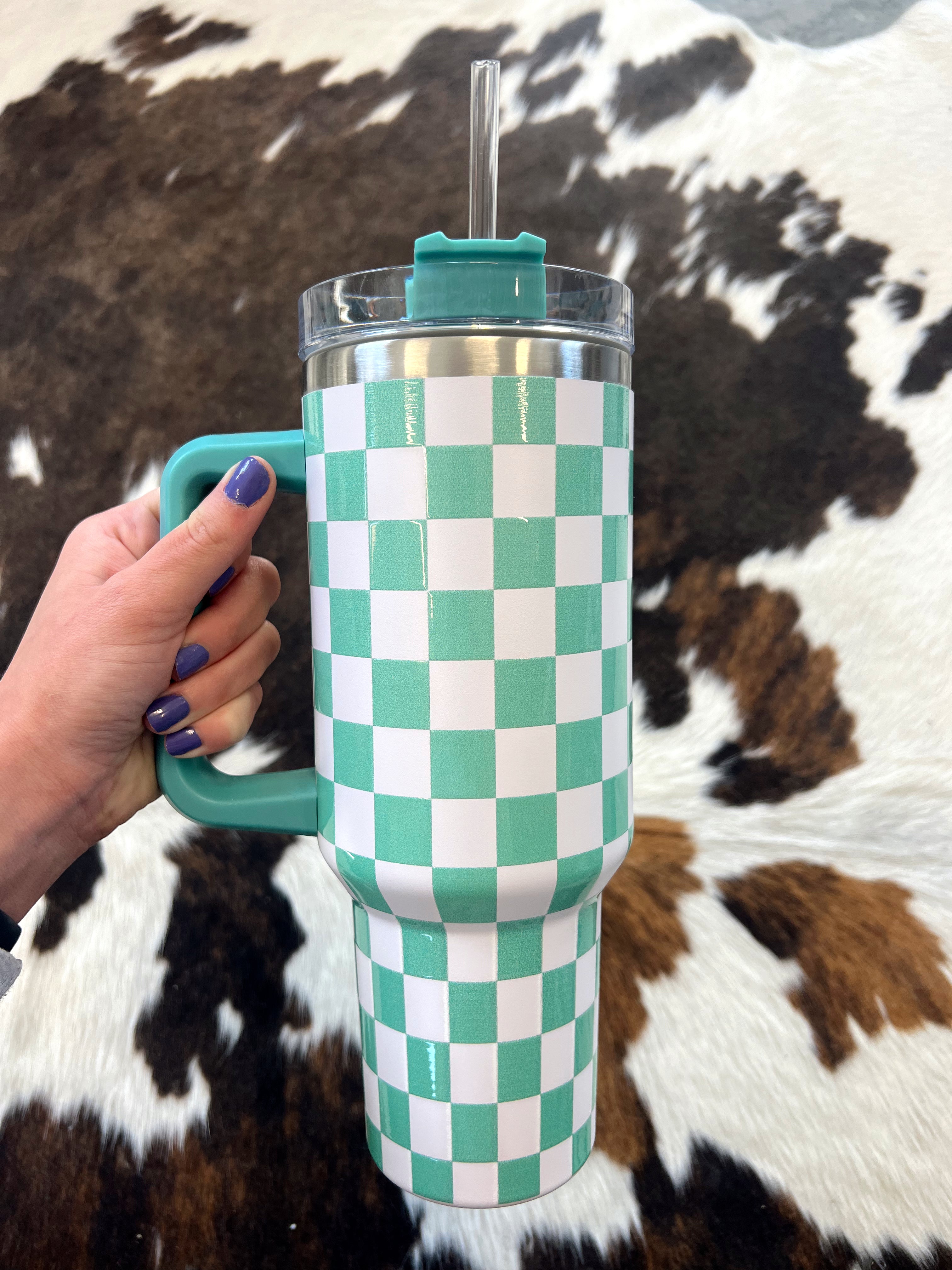 Turquoise Checkered 40 oz Tumbler The Crooked Cactus Boutique