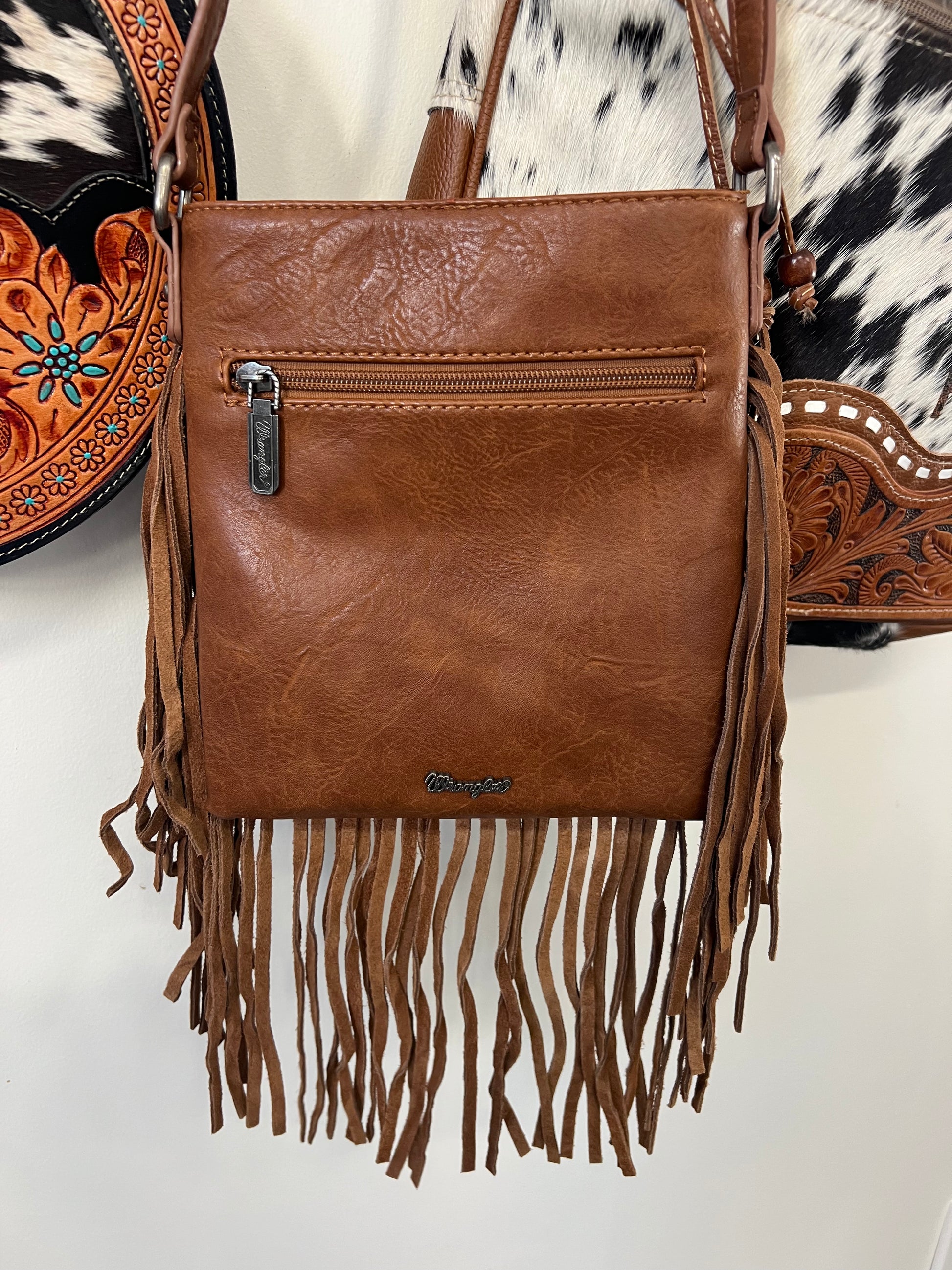 Wrangler Leather Fringe Jean Denim Pocket Crossbody Brown