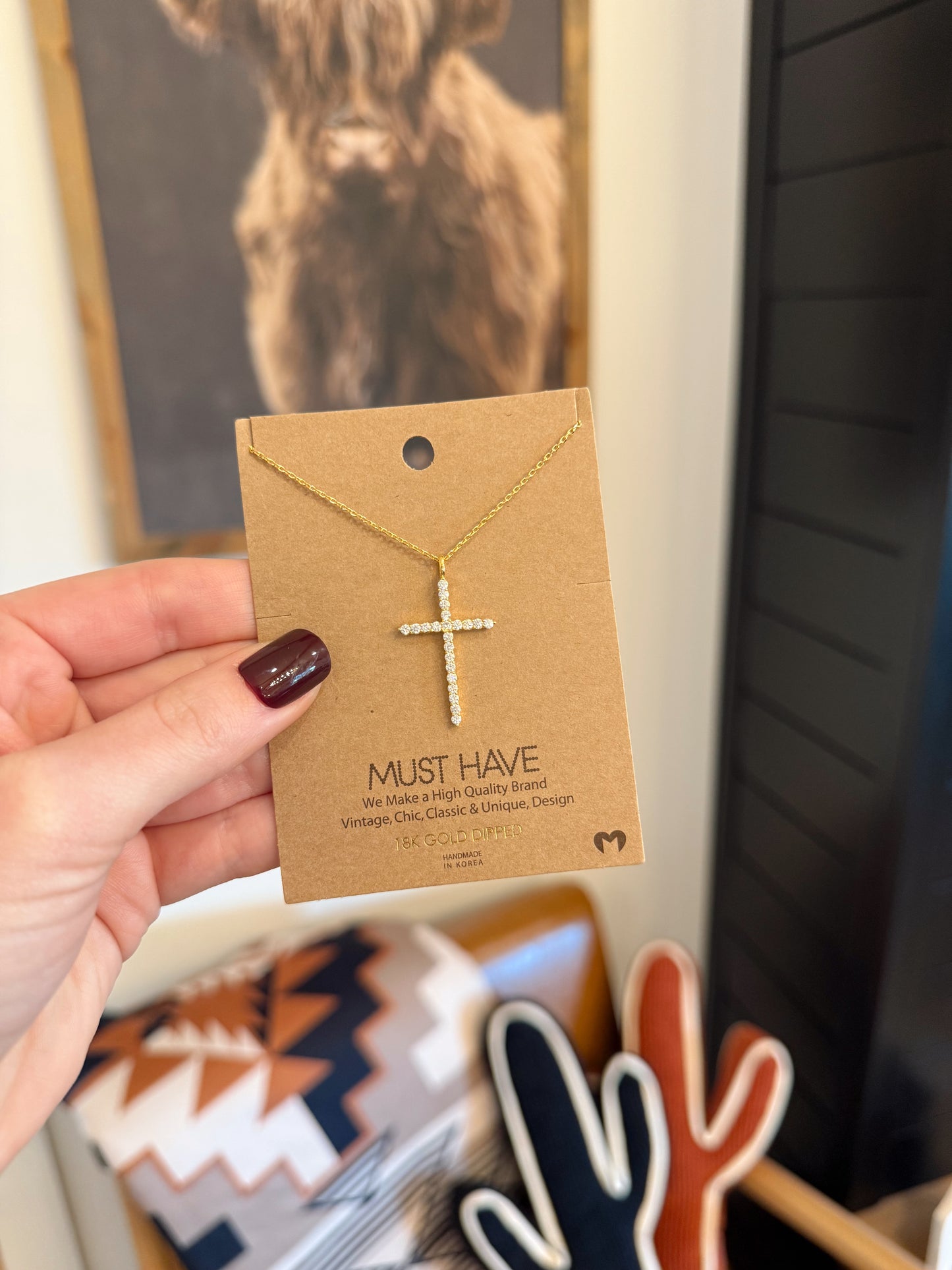 Gold Rhinestone Cross Necklace