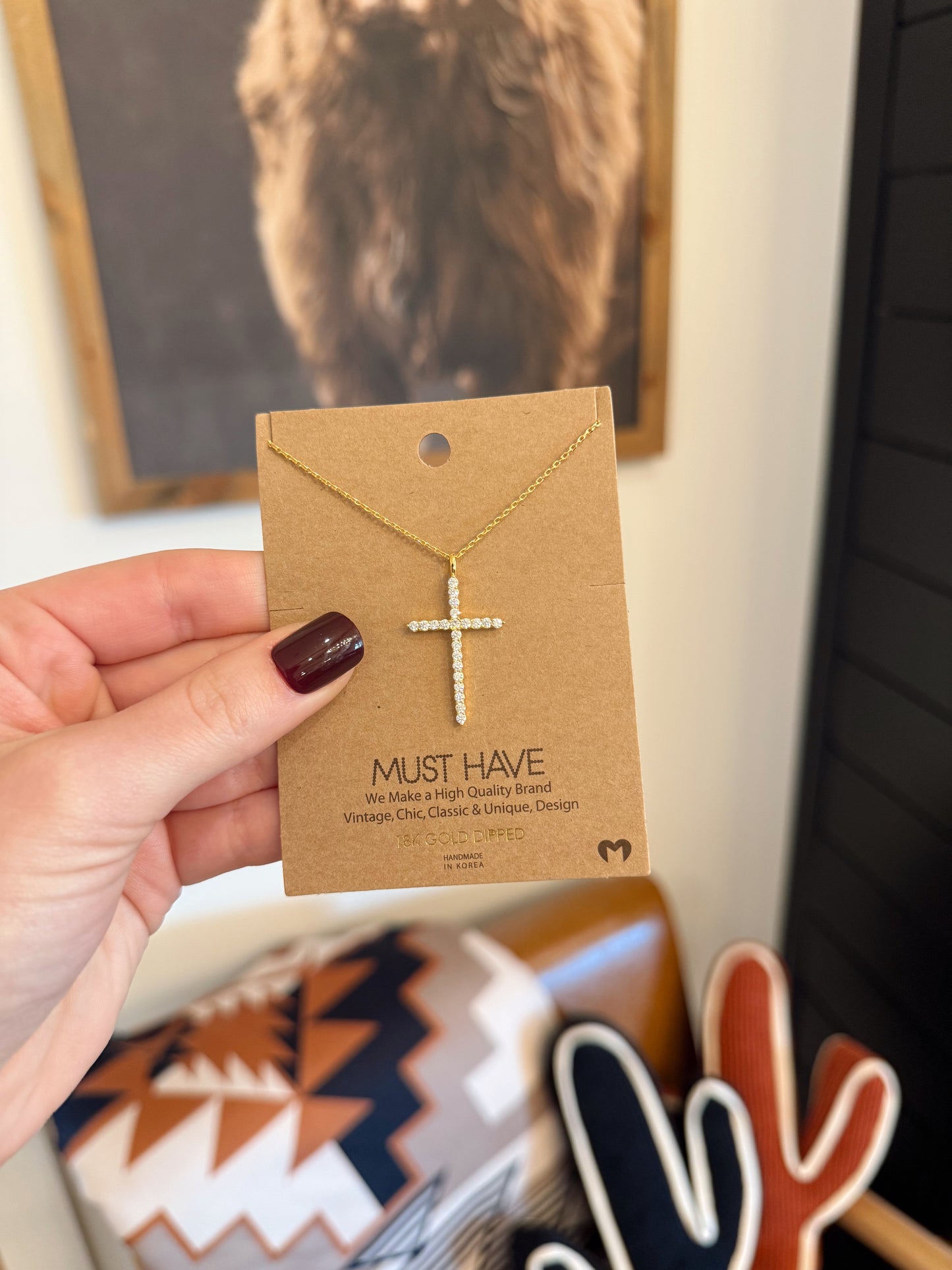 Gold Rhinestone Cross Necklace