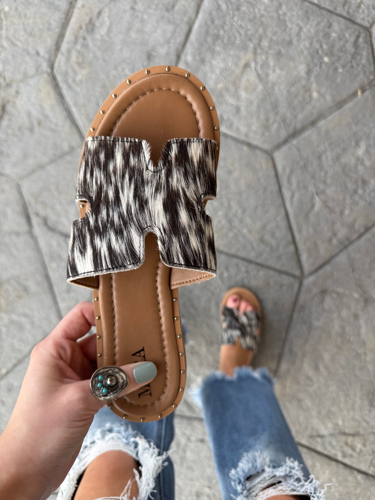 Daleena Anne Black Cowhide Sandals (SIZE UP)