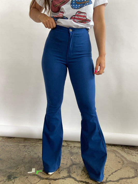 Fiona High Waisted Bell Bottom Flare Jeans - Mykonos Blue