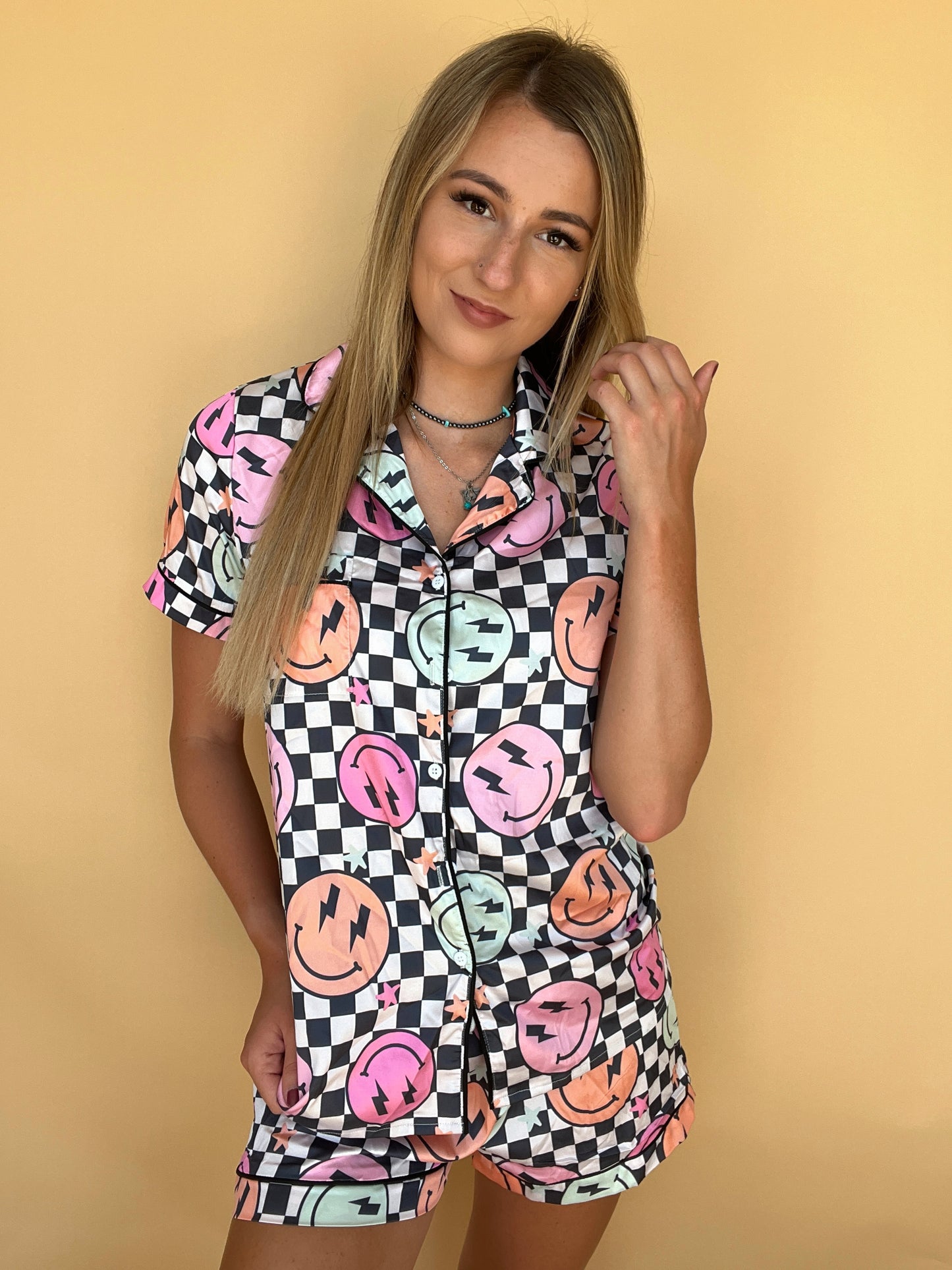 Checkered Smiley Short Sleeve Pajama Set (PREORDER - Ships in approx 2-3 weeks)