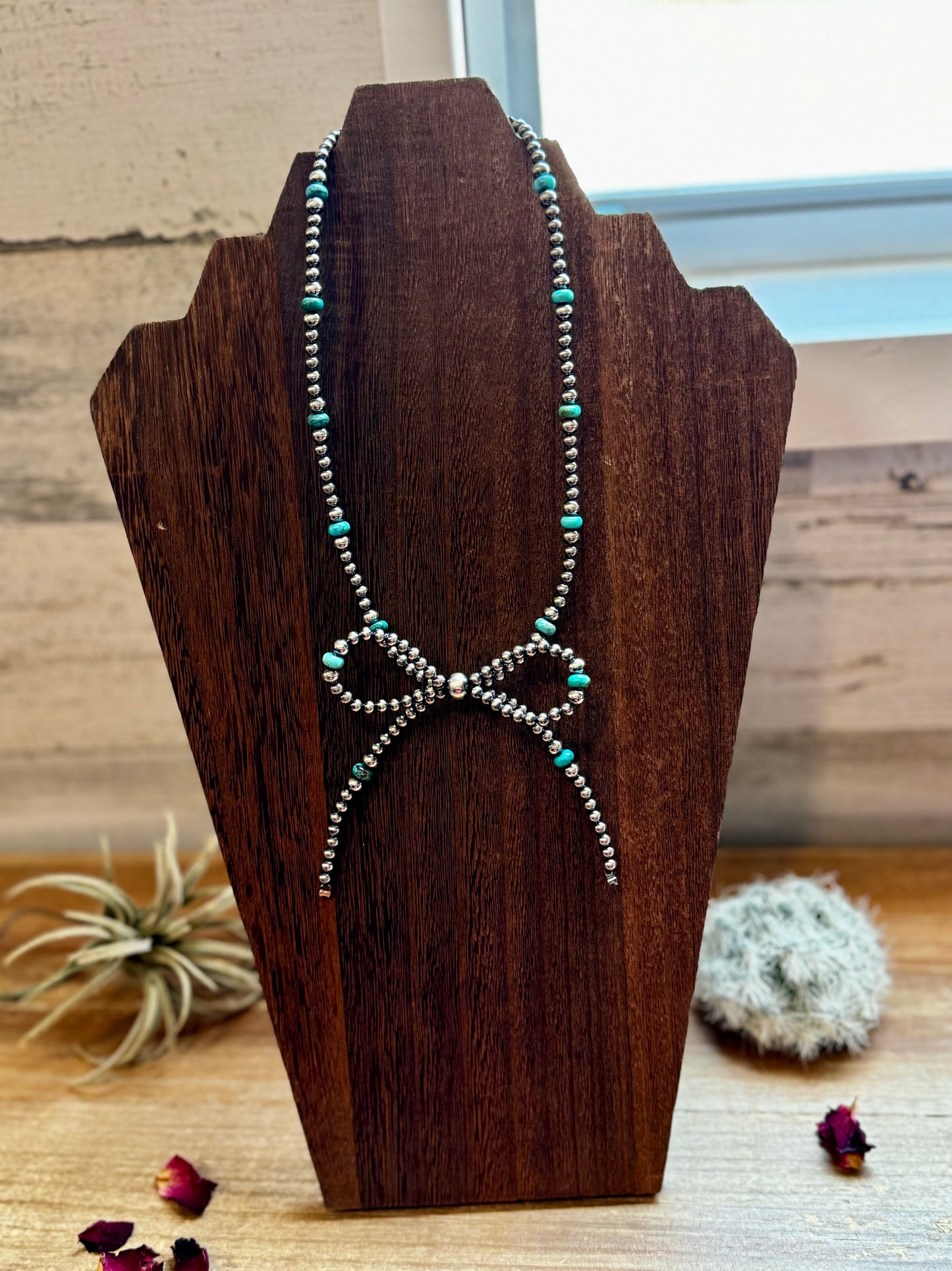 Turquoise & Sterling Silver Pearls Bow Necklace (15")