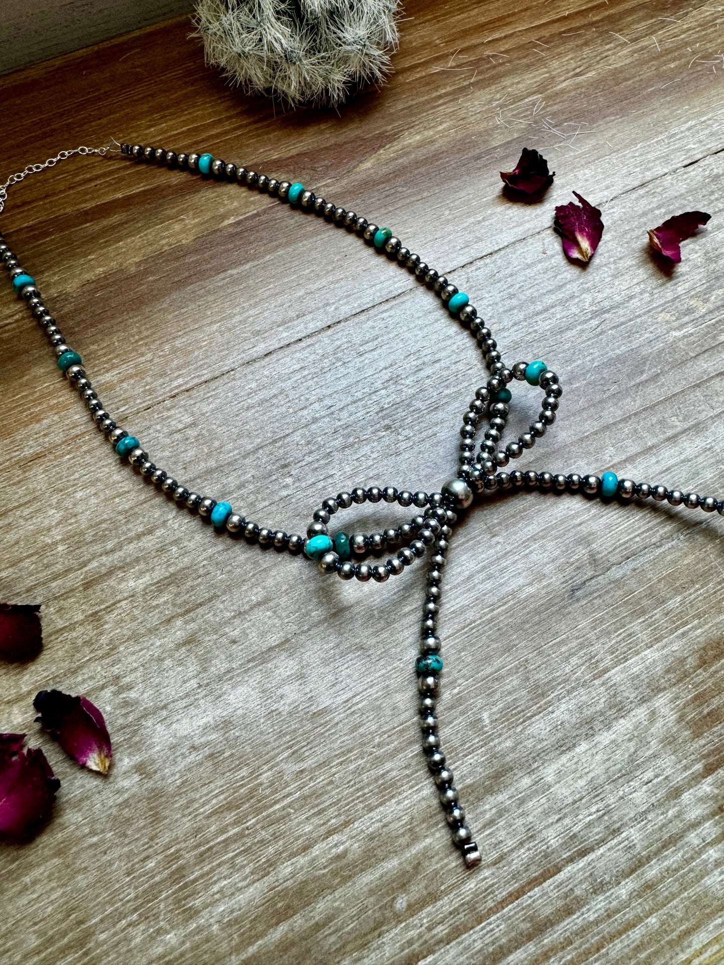 Turquoise & Sterling Silver Pearls Bow Necklace (15")