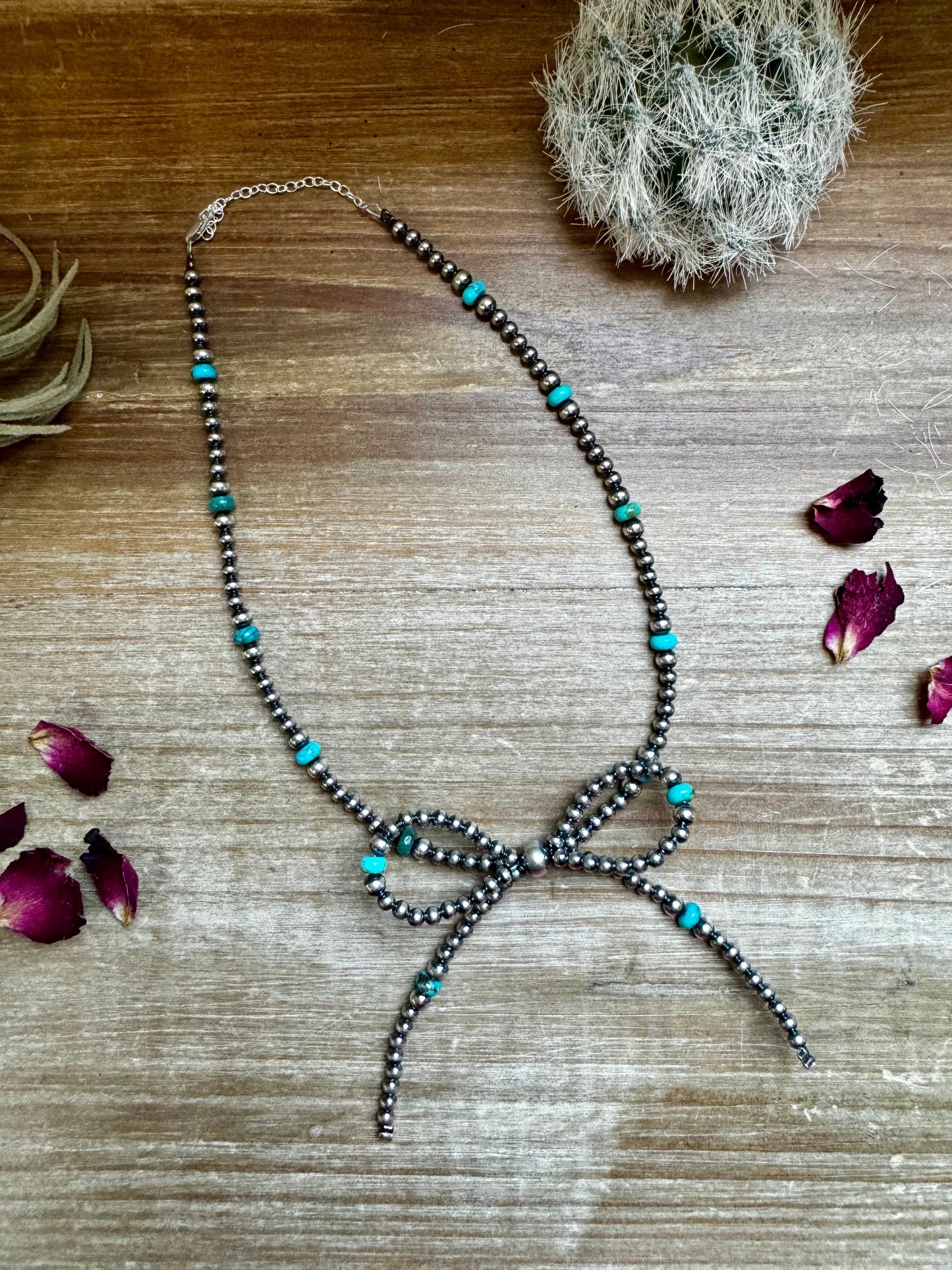 Turquoise & Sterling Silver Pearls Bow Necklace (15")