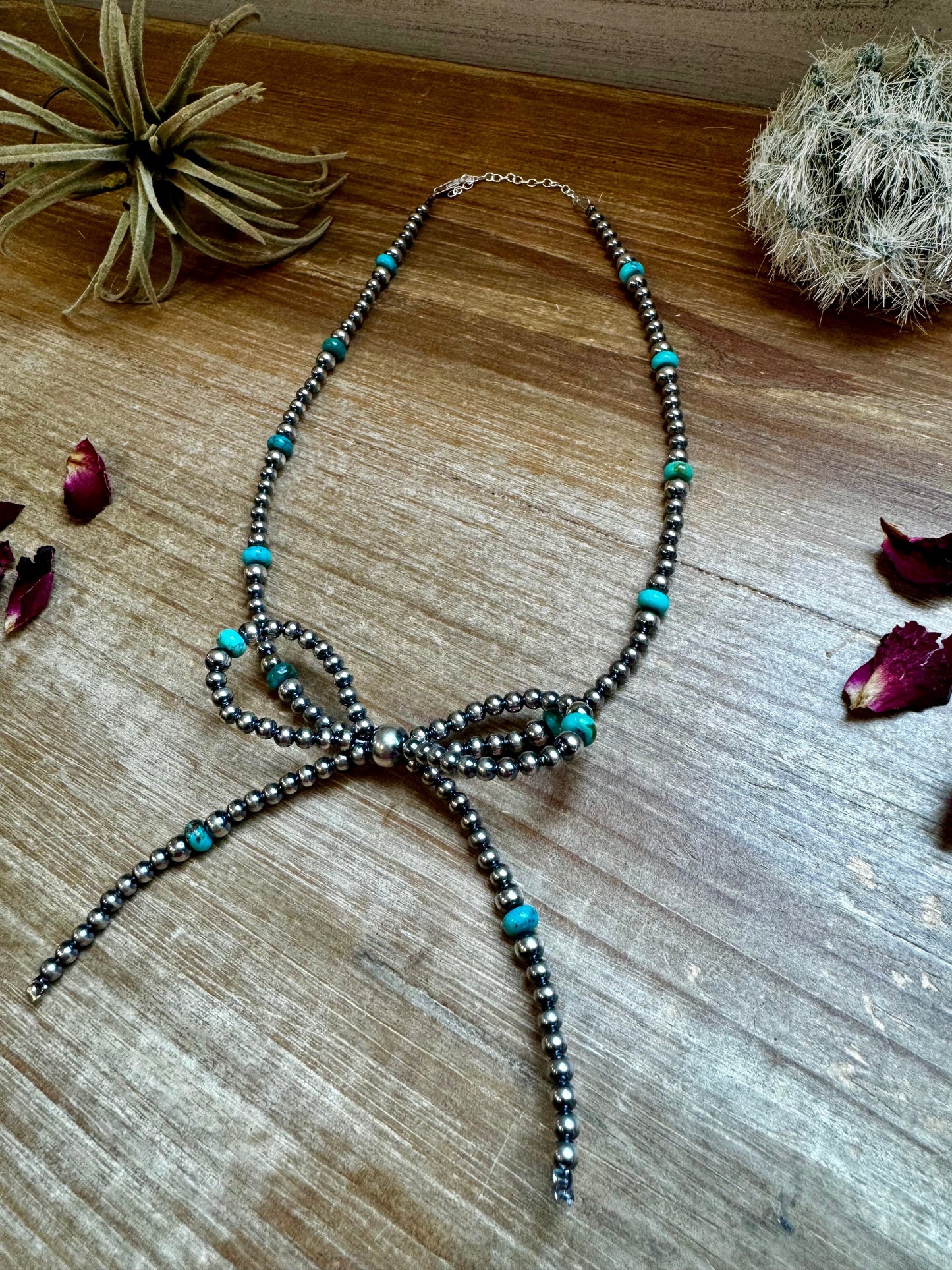 Turquoise & Sterling Silver Pearls Bow Necklace (15")