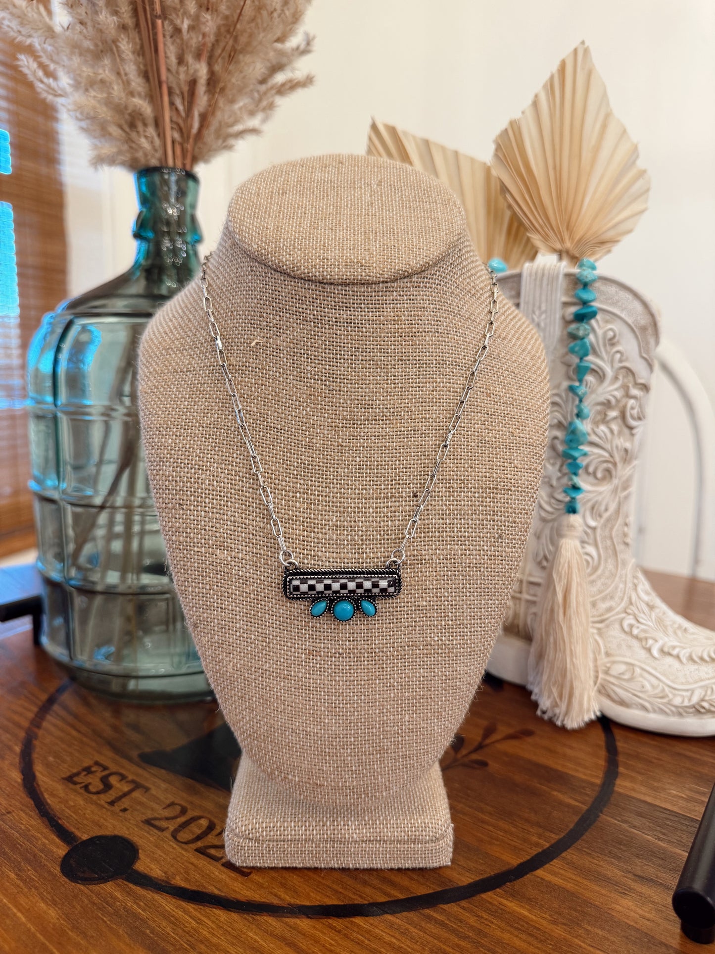 Checkered Turquoise Bar Necklace