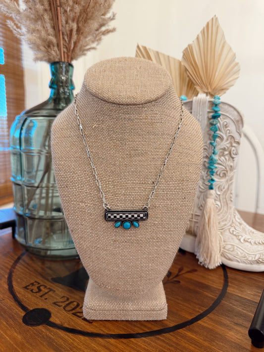 Checkered Turquoise Bar Necklace