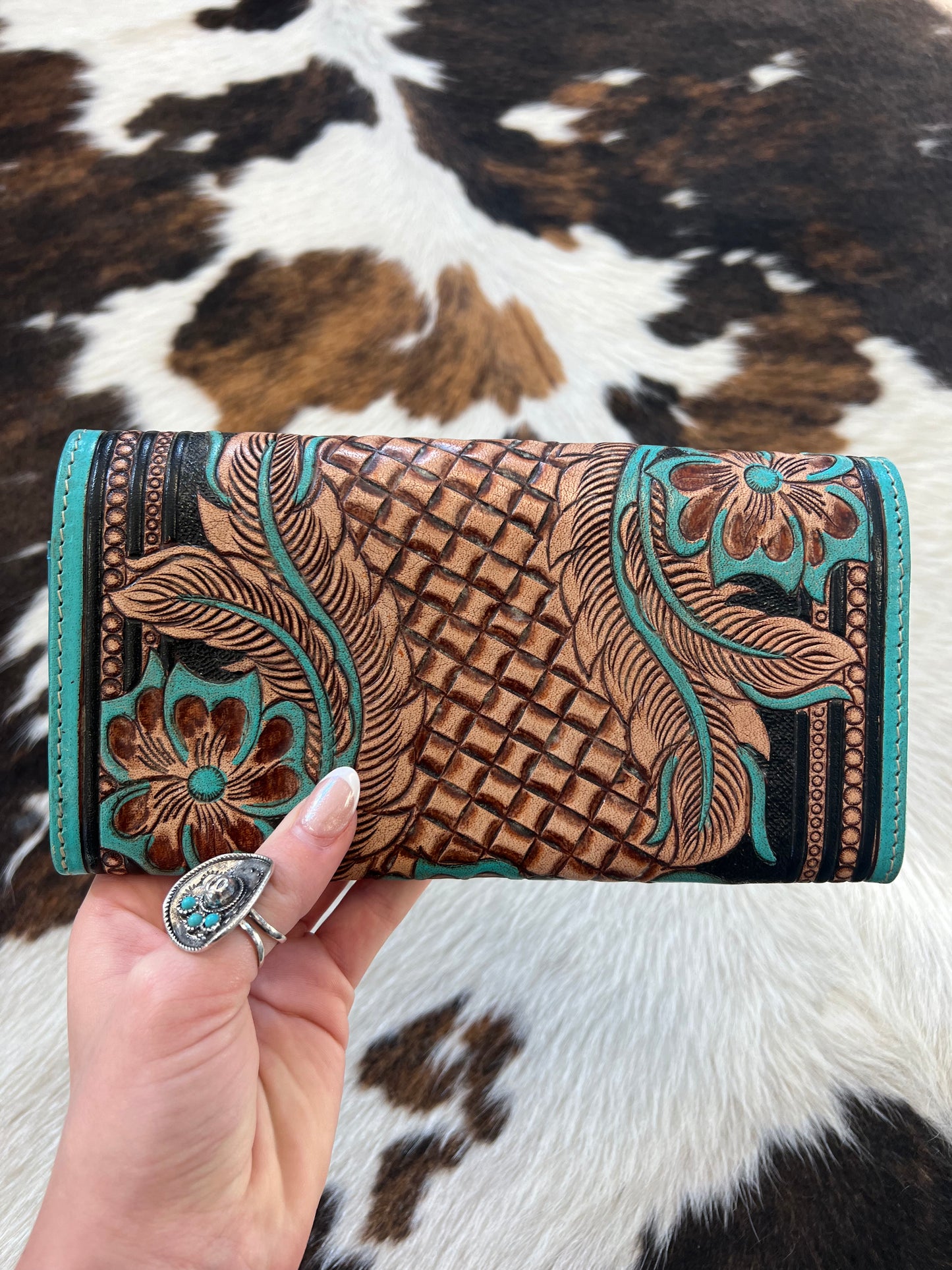 Flower Crest Turquoise Tooled Wallet