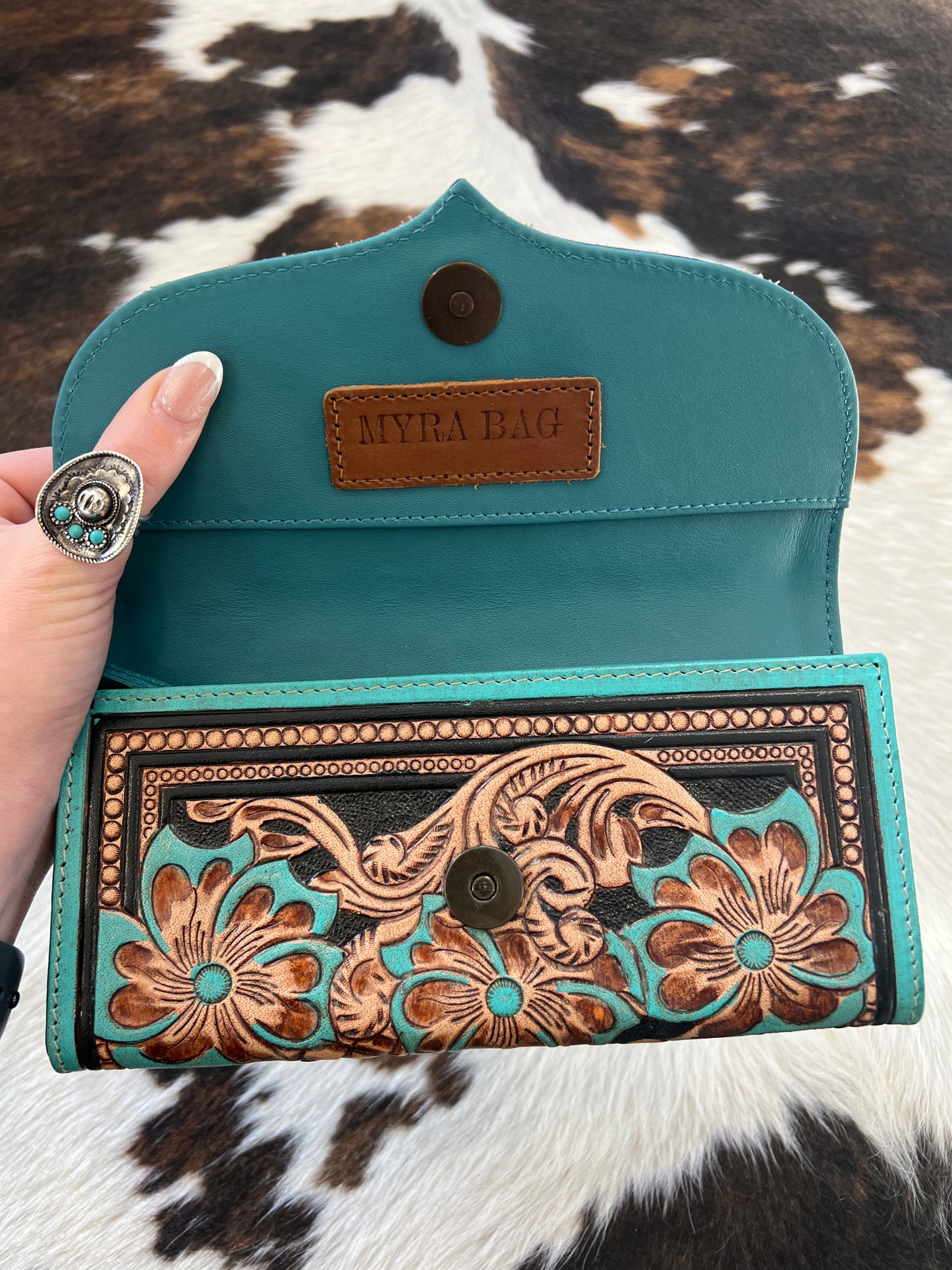 Flower Crest Turquoise Tooled Wallet