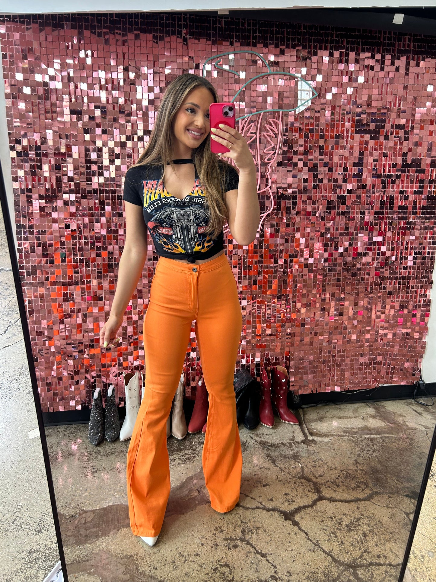 Fiona High Waisted Bell Bottom Flare Jeans - Orange