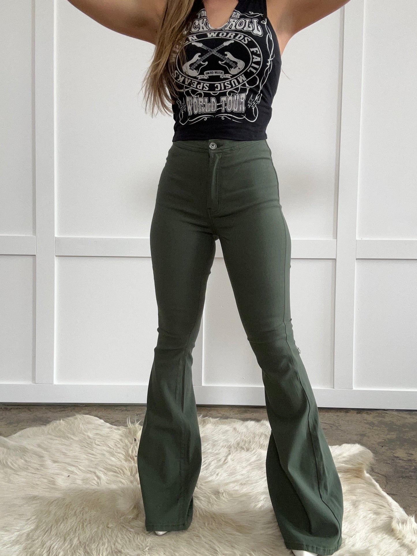 Fiona High Waisted Bell Bottom Flare Jeans - Olive