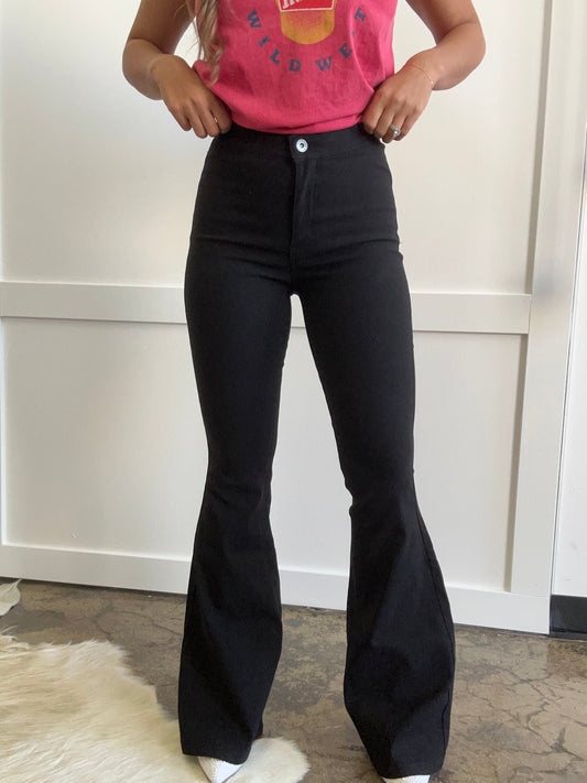 Fiona High Waisted Bell Bottom Flare Jeans SHORT Inseam  & Belt Loops! - Black