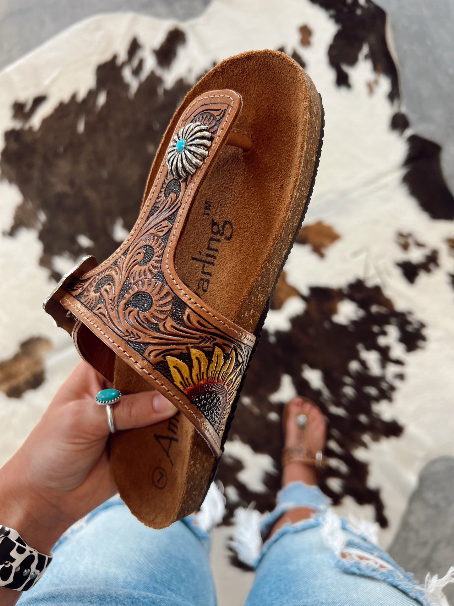 Tooled Leather Sunflower Sandal – The Crooked Cactus Boutique