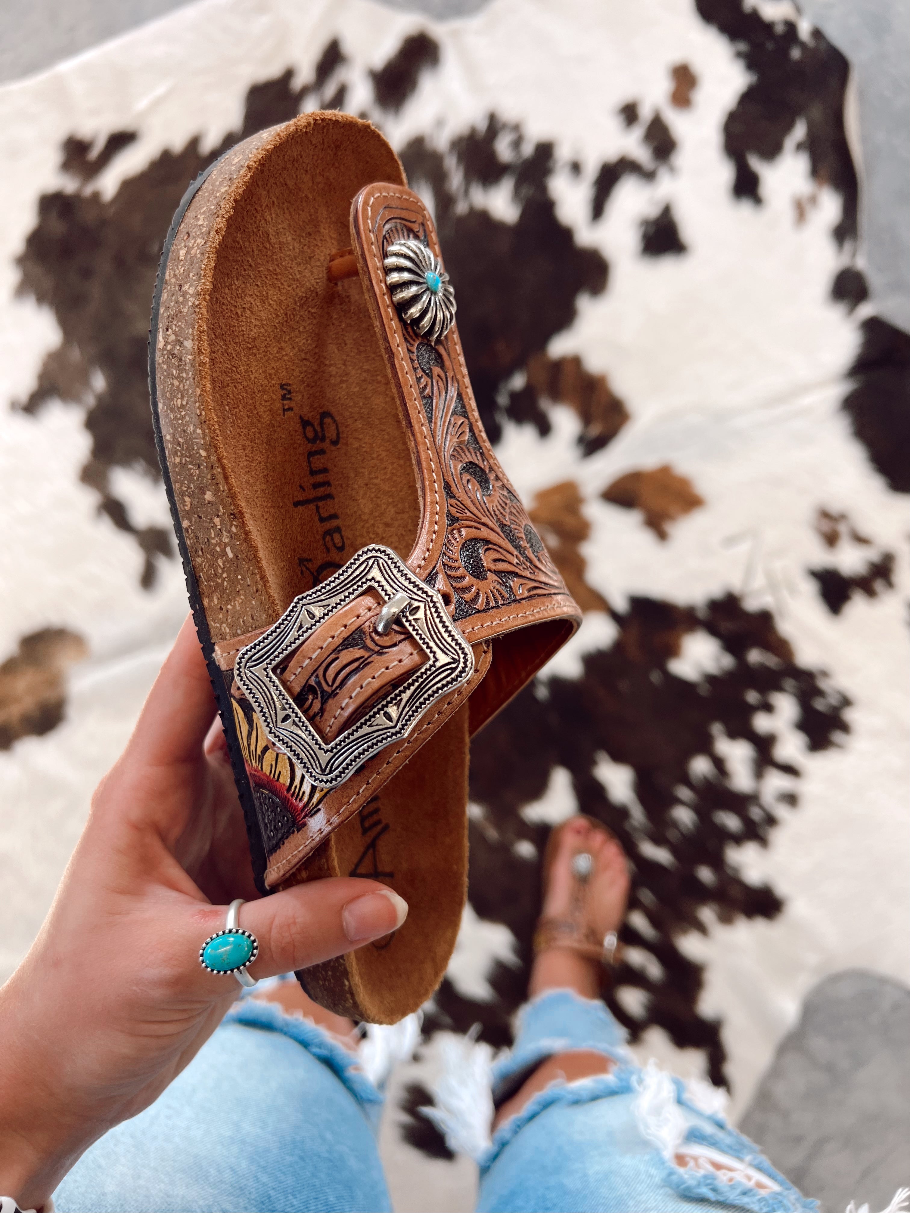 Tooled leather sale birkenstocks