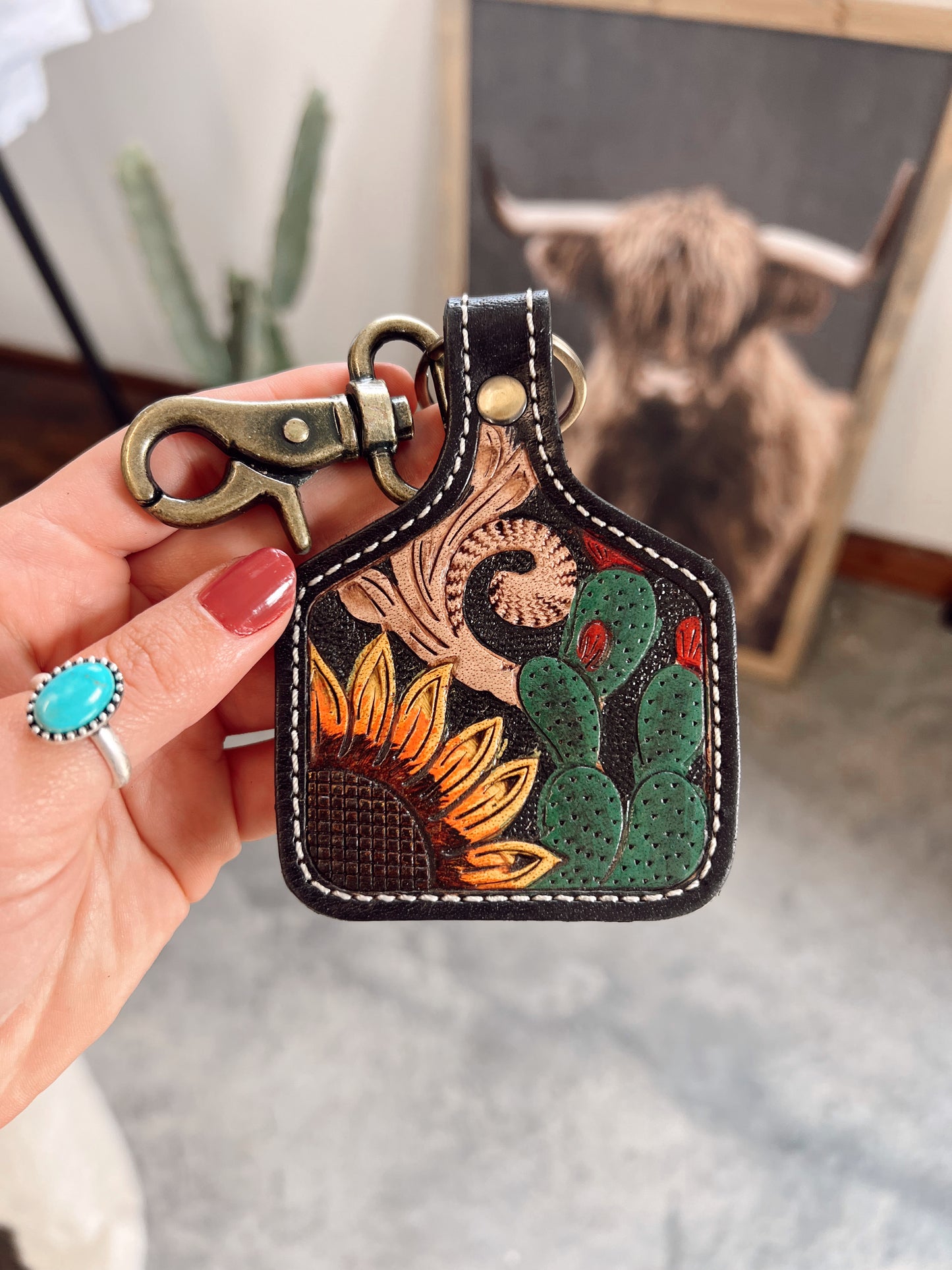 Prickly Pear Blooms Hand Tooled Keychain