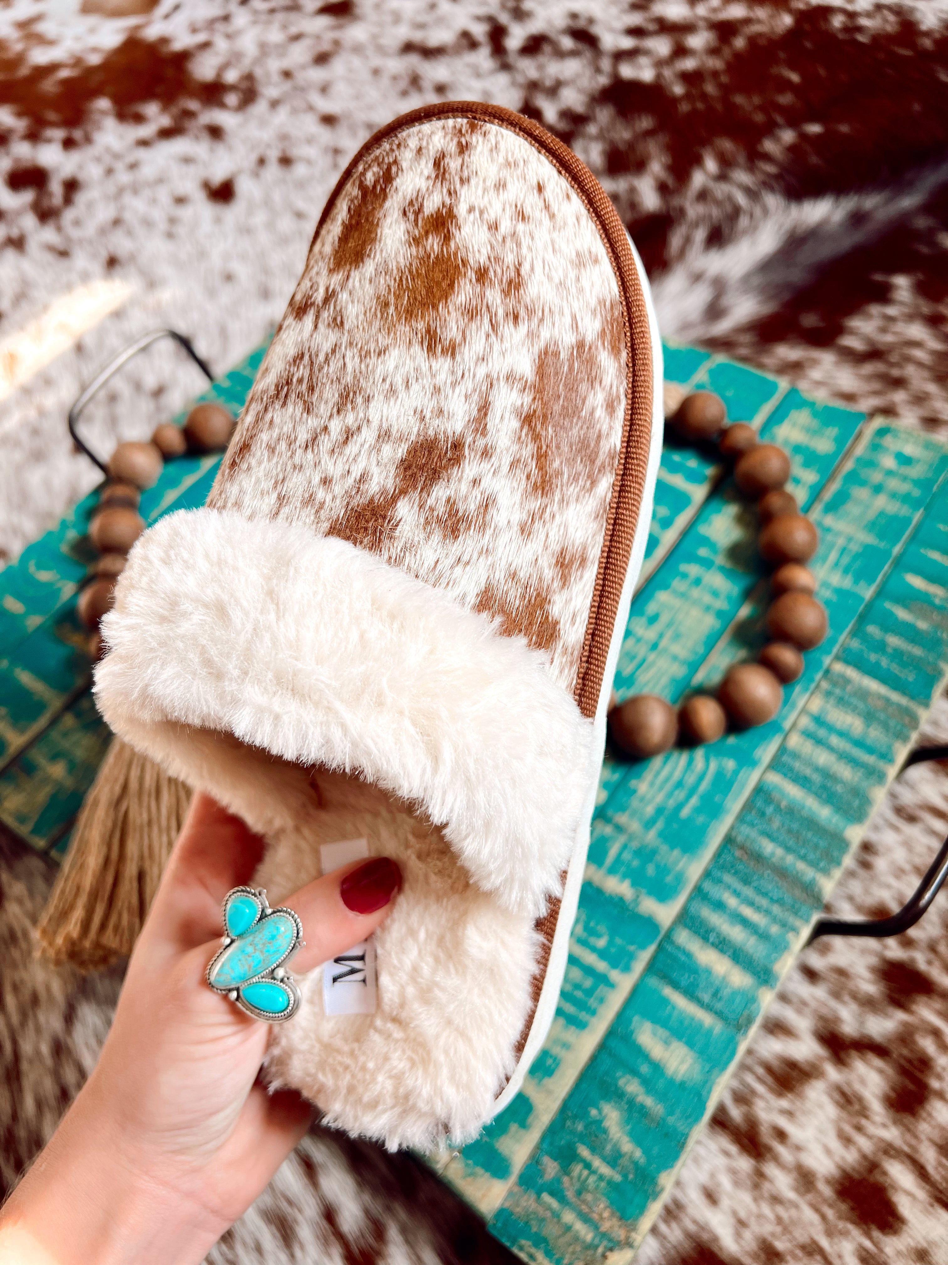 Brown Cowhide Slippers