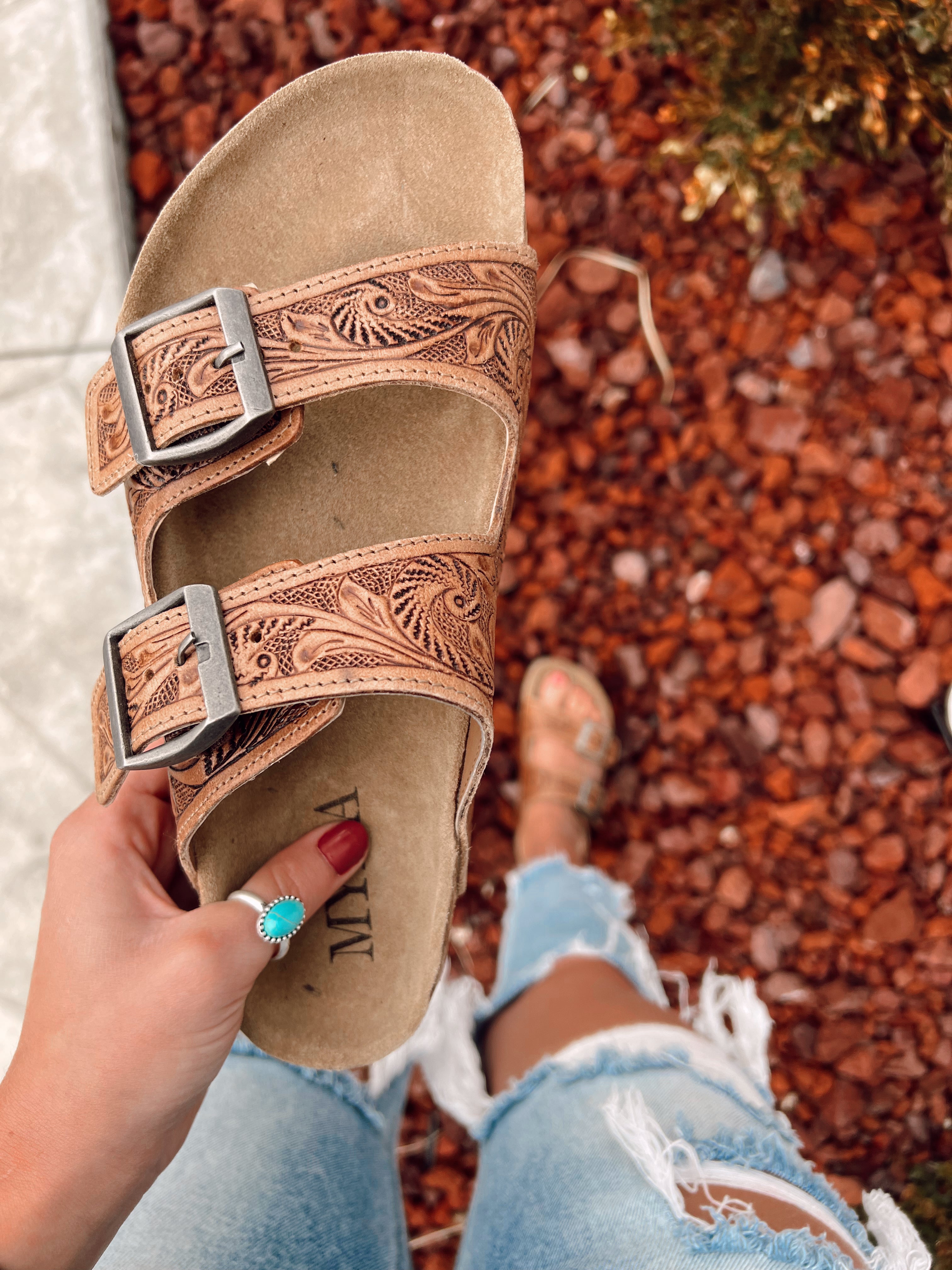 Tooled leather sandals sale