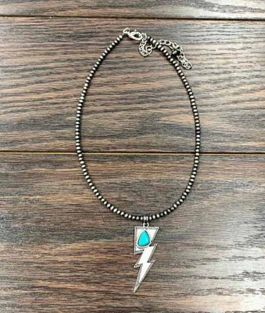Silver Beaded Lightning Bolt Necklace