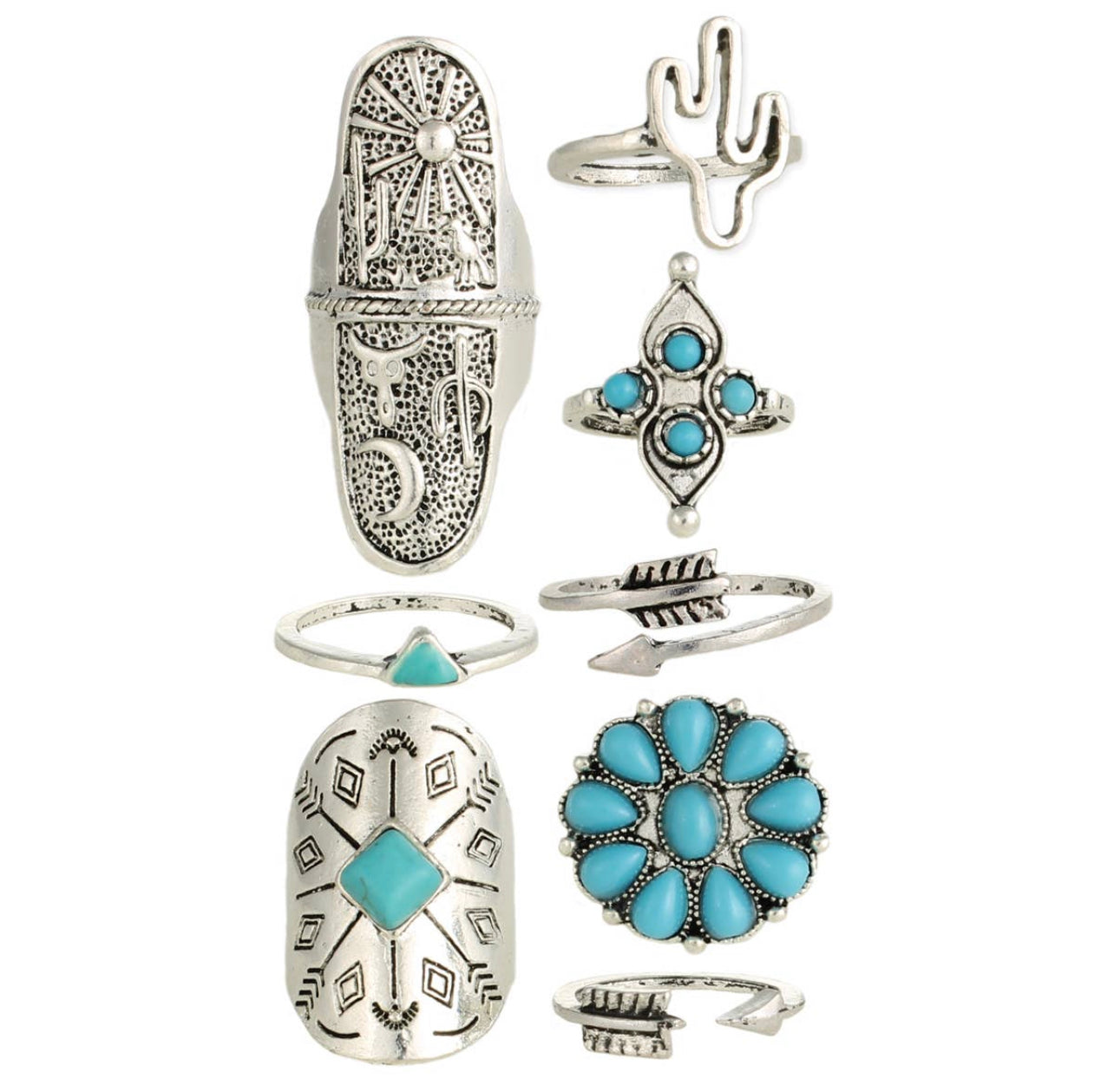 Turquoise & Silver Boho Rings (Set of 8)